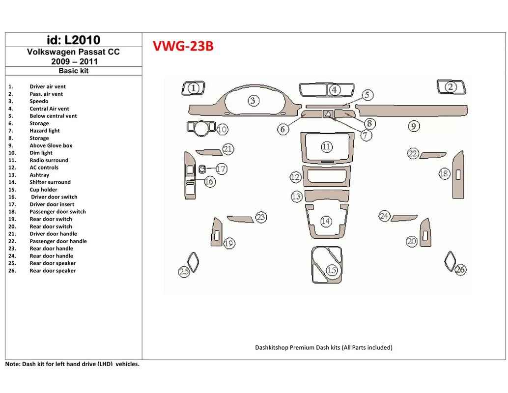 Volkswagen Passat CC 2009-2011 Basic Set Interior BD Dash Trim Kit - 1 - Interior Dash Trim Kit