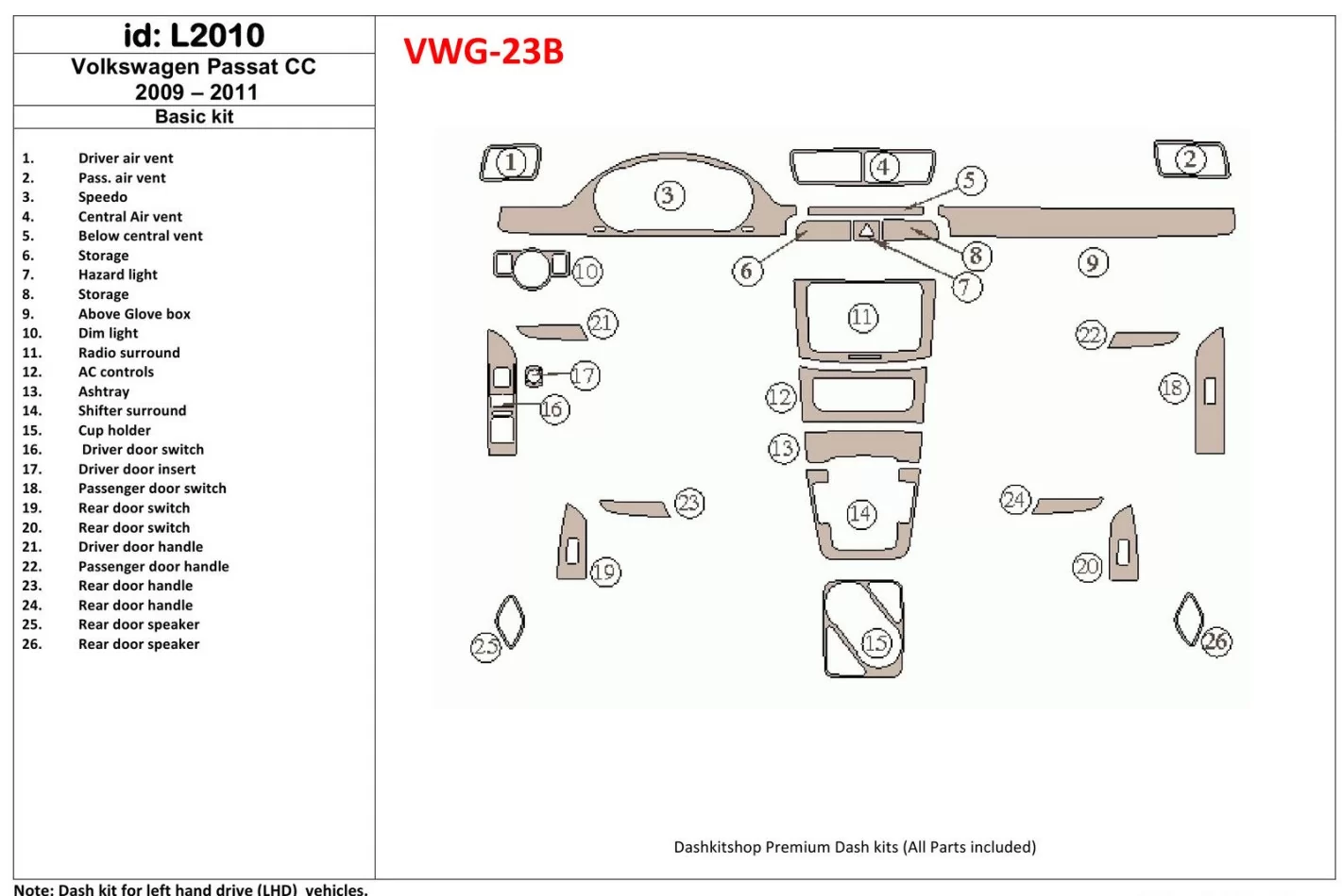 Volkswagen Passat CC 2009-2011 Basic Set Interior BD Dash Trim Kit - 1 - Interior Dash Trim Kit
