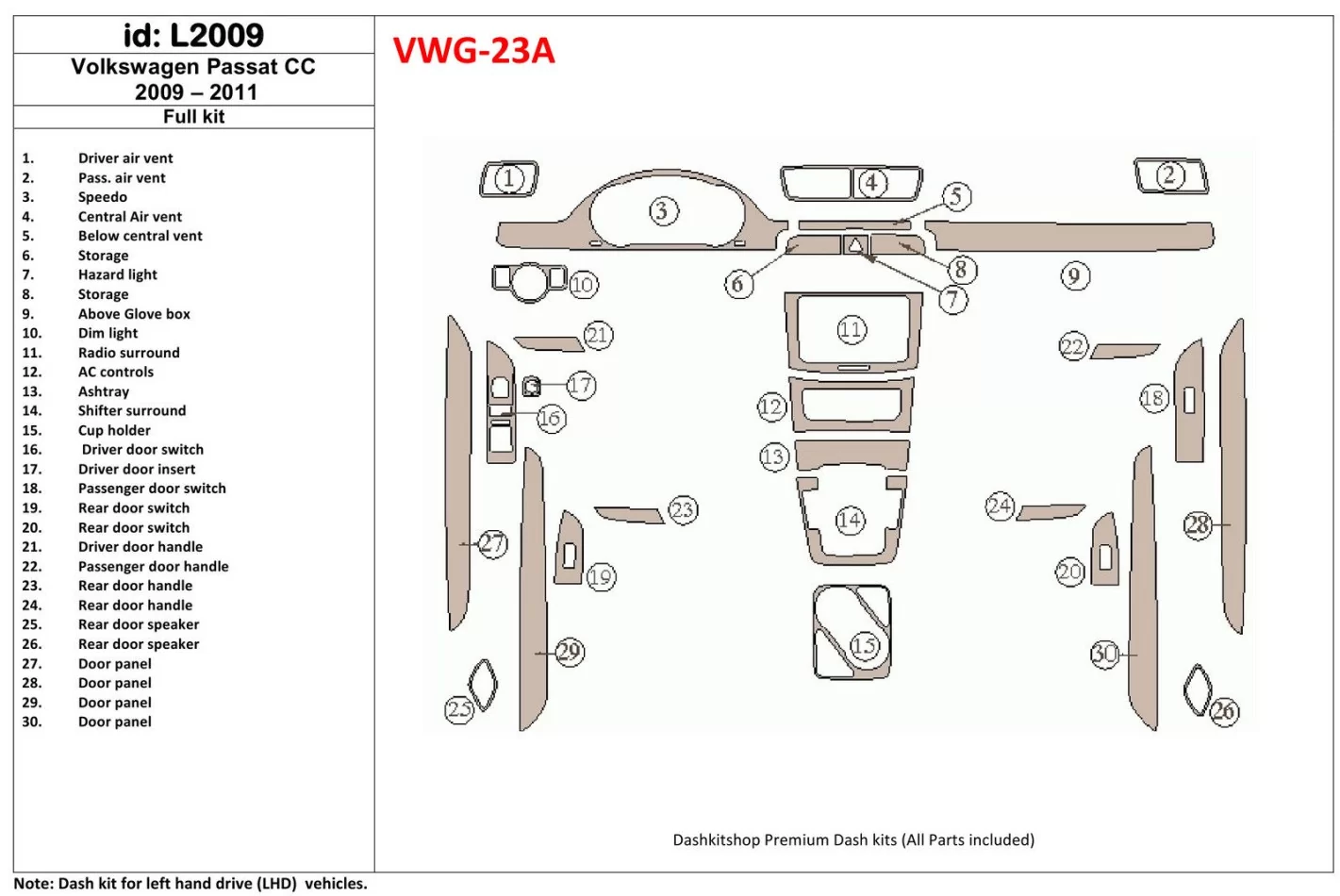 Volkswagen Passat CC 2009-2011 Full Set Interior BD Dash Trim Kit - 1 - Interior Dash Trim Kit