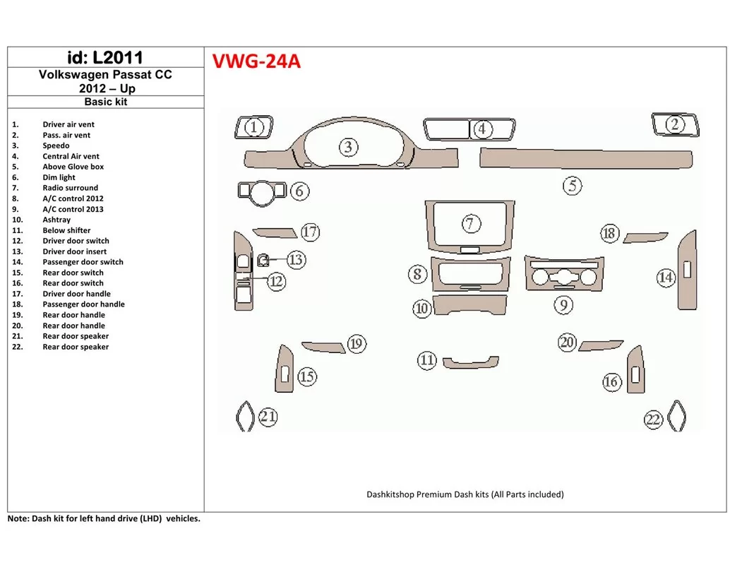 Volkswagen Passat CC 2012-UP Basic Set Interior BD Dash Trim Kit - 1 - Interior Dash Trim Kit