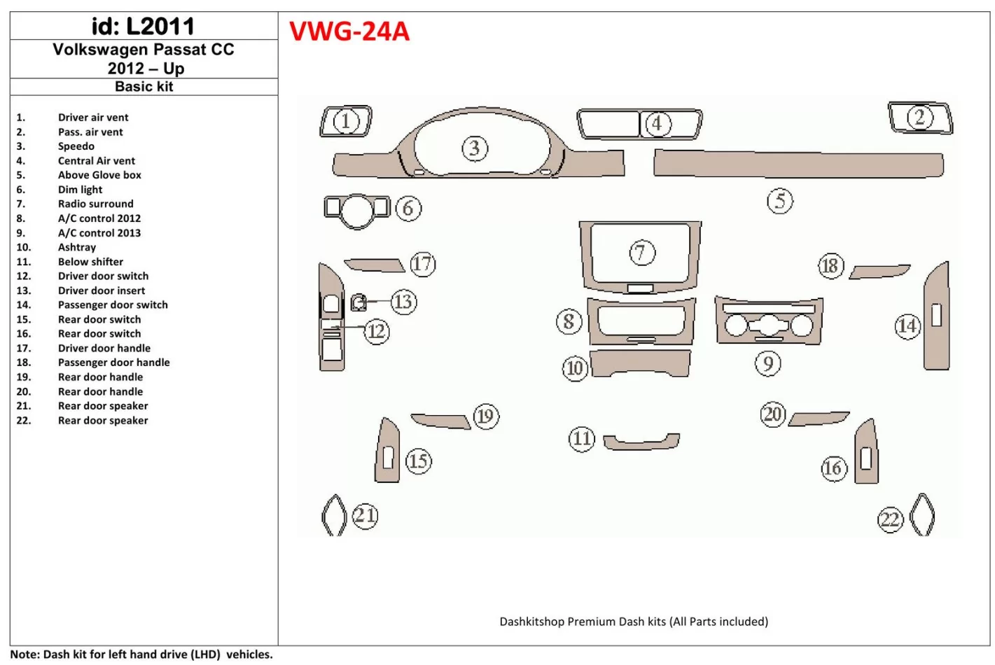 Volkswagen Passat CC 2012-UP Basic Set Interior BD Dash Trim Kit - 1 - Interior Dash Trim Kit