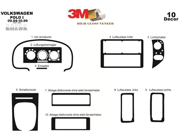 Volkswagen Polo 6N 09.94-09.99 3D Interior Dashboard Trim Kit Dash Trim Dekor 10-Parts