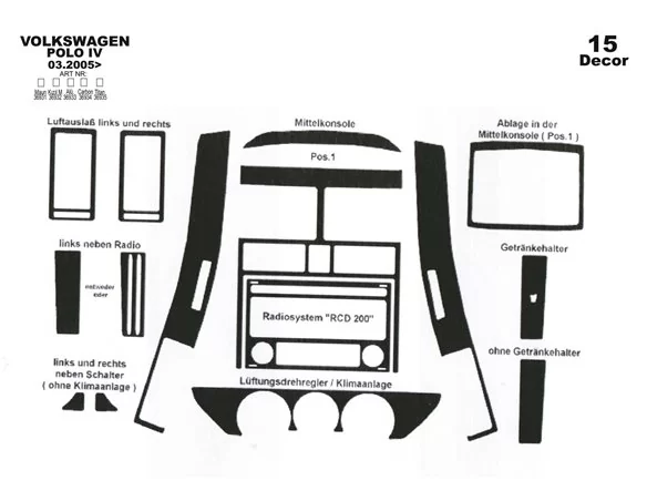 Volkswagen Polo 9N3 03.05-08.09 3D Interior Dashboard Trim Kit Dash Trim Dekor 15-Parts