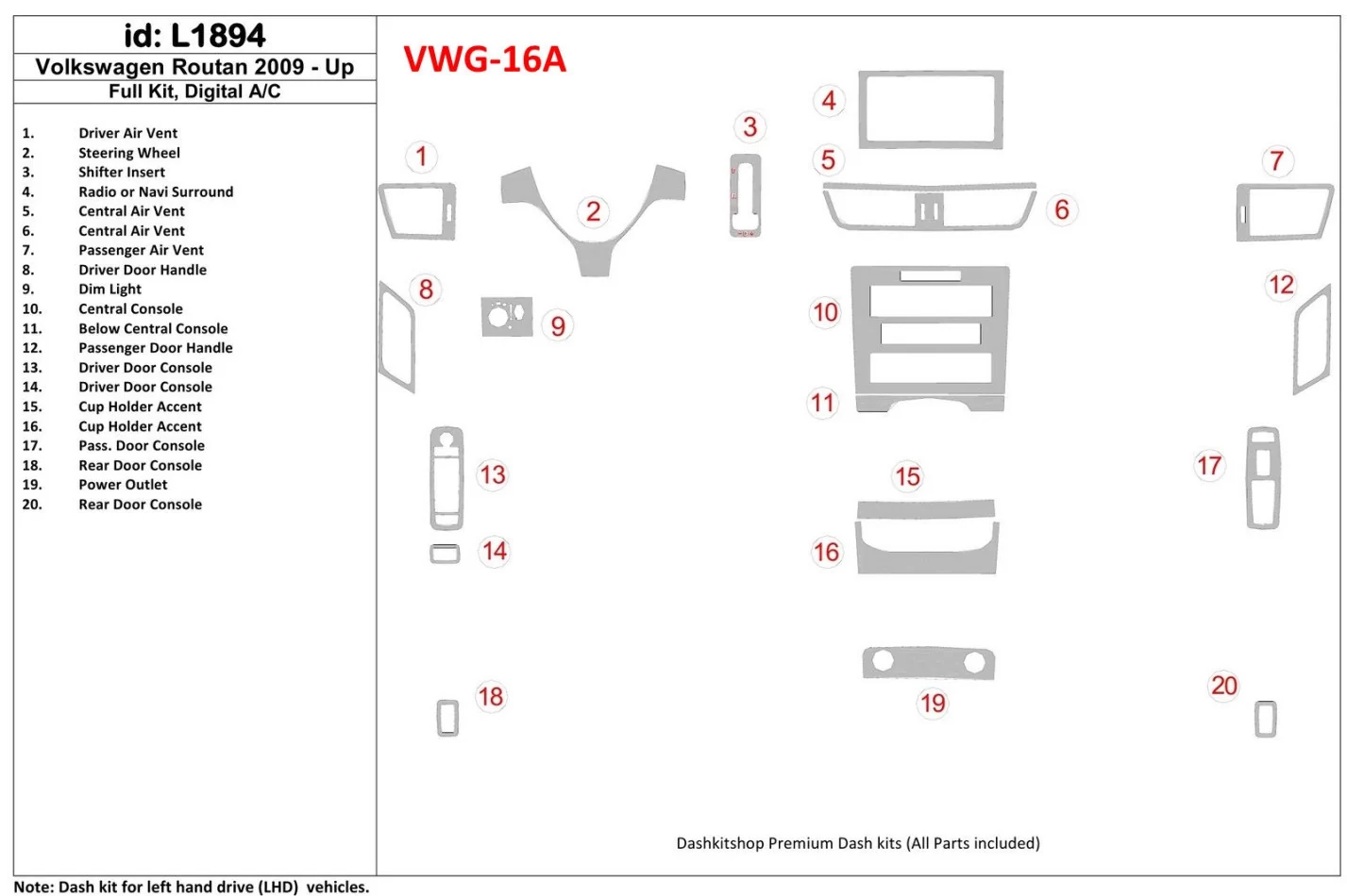 Volkswagen Routan 2009-UP Full Set,Automatic AC Interior BD Dash Trim Kit - 1 - Interior Dash Trim Kit