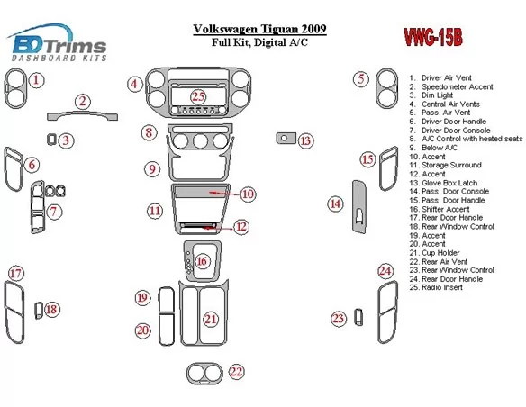 Volkswagen Tiguan 2009-2009 Full Set, Automatic AC Interior BD Dash Trim Kit