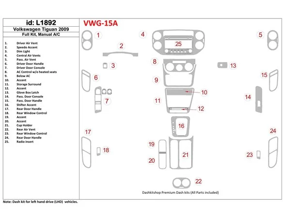 Volkswagen Tiguan 2009-2009 Full Set, Manual Gearbox AC Interior BD Dash Trim Kit - 1 - Interior Dash Trim Kit