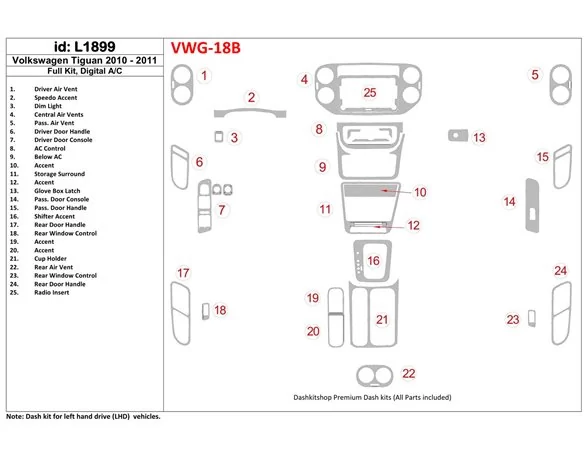 Volkswagen Tiguan 2010-UP Full Set, Automatic AC Control Interior BD Dash Trim Kit - 1 - Interior Dash Trim Kit