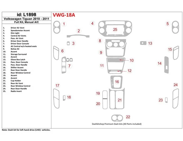 Volkswagen Tiguan 2010-UP Full Set, Manual Gearbox AC Control Interior BD Dash Trim Kit - 1 - Interior Dash Trim Kit