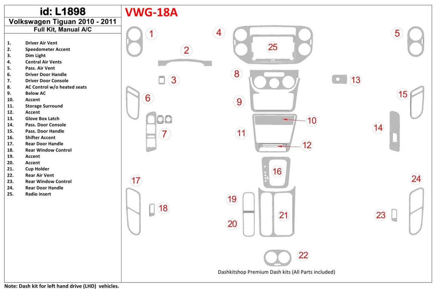 Volkswagen Tiguan 2010-UP Full Set, Manual Gearbox AC Control Interior BD Dash Trim Kit - 1 - Interior Dash Trim Kit