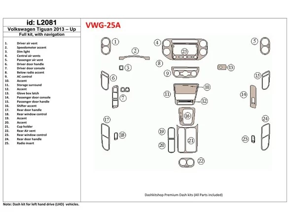Volkswagen Tiguan 2013-UP Full Set, With NAVI Interior BD Dash Trim Kit - 1 - Interior Dash Trim Kit