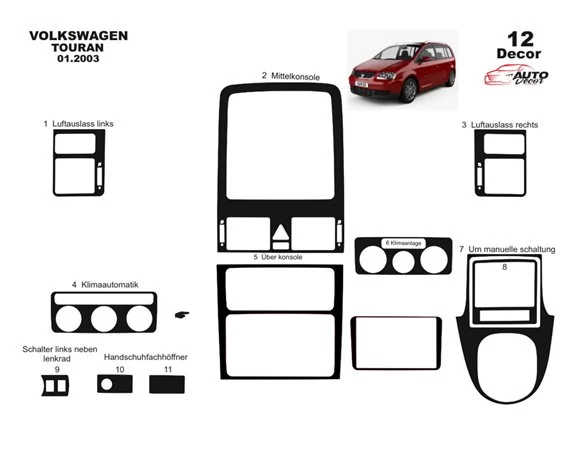 Volkswagen Touran 2010 3D Interior Dashboard Trim Kit Dash Trim Dekor 12-Parts - 1 - Interior Dash Trim Kit
