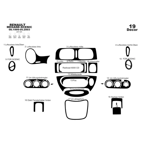 Renault Megane Scenic 08.99-05.03 3D Interior Dashboard Trim Kit Dash Trim Dekor 19-Parts