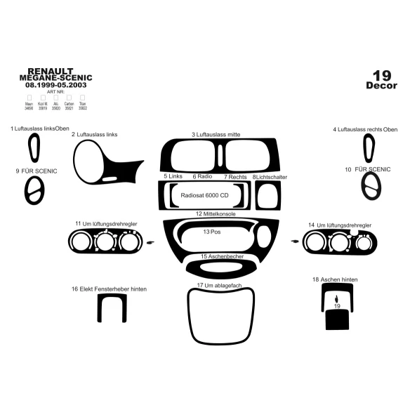 Renault Megane Scenic 08.99-05.03 3D Interior Dashboard Trim Kit Dash Trim Dekor 19-Parts