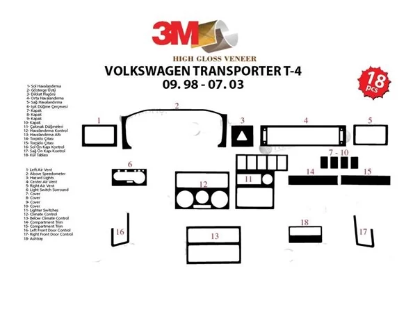 Volkswagen Transporter T4 09.98-07.03 3D Interior Dashboard Trim Kit Dash Trim Dekor 18-Parts