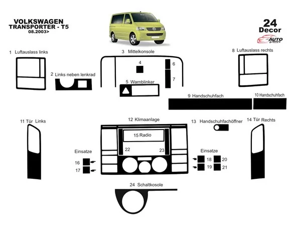 Volkswagen Transporter T5 08.03-08.09 3D Interior Dashboard Trim Kit Dash Trim Dekor 29-Parts