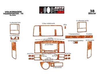 Volkswagen Transporter T6 09.2009 3D Interior Dashboard Trim Kit Dash Trim Dekor 37-Parts - 3 - Interior Dash Trim Kit