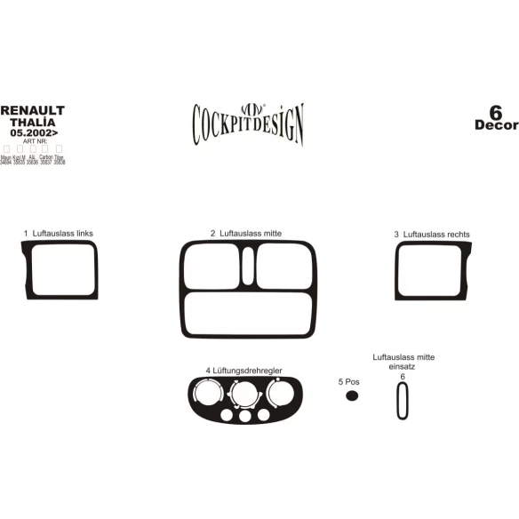 Renault Thalia 05.02-12.05 3D Interior Dashboard Trim Kit Dash Trim Dekor 6-Parts