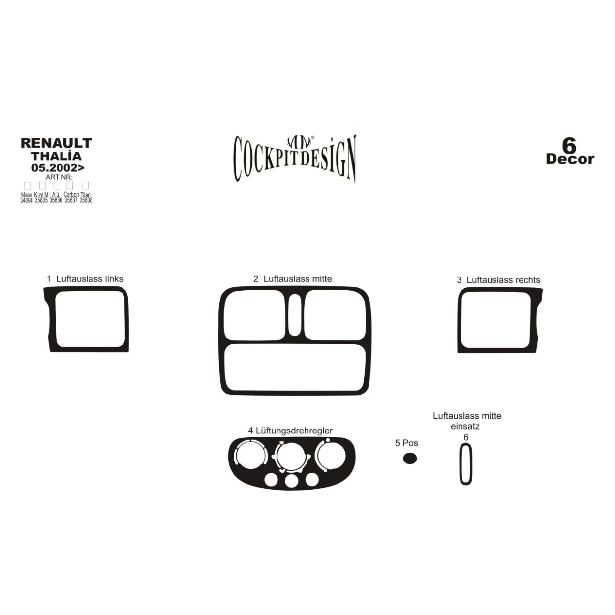 Renault Thalia 05.02-12.05 3D Interior Dashboard Trim Kit Dash Trim Dekor 6-Parts