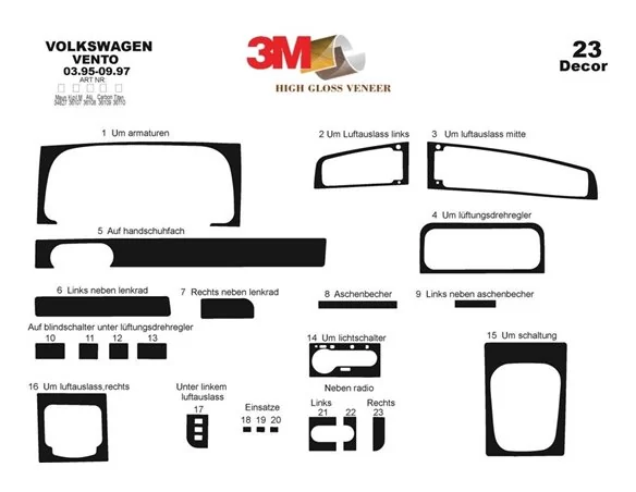 Volkswagen Vento 04.95-09.97 3D Interior Dashboard Trim Kit Dash Trim Dekor 23-Parts