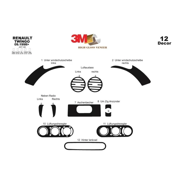 Renault Twingo 09.98-07.04 3D Interior Dashboard Trim Kit Dash Trim Dekor 12-Parts