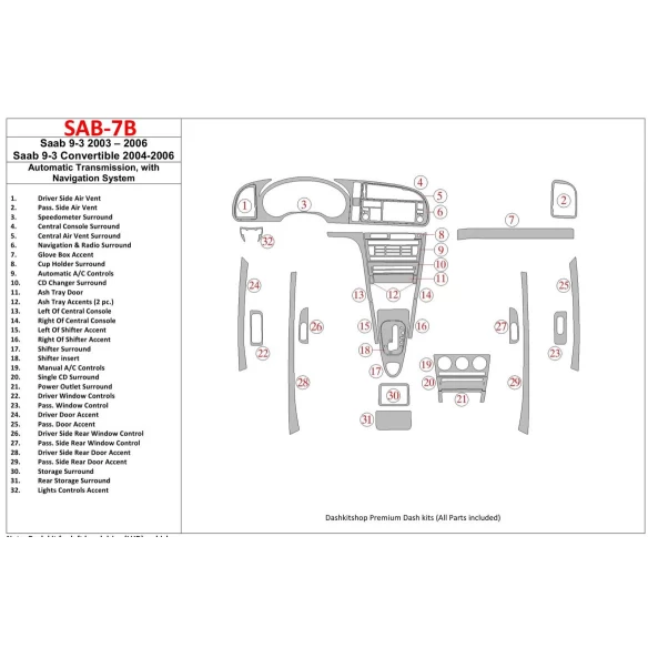 Saab 9-3 2003-2006 Automatic Gear, With NAVI system Interior BD Dash Trim Kit