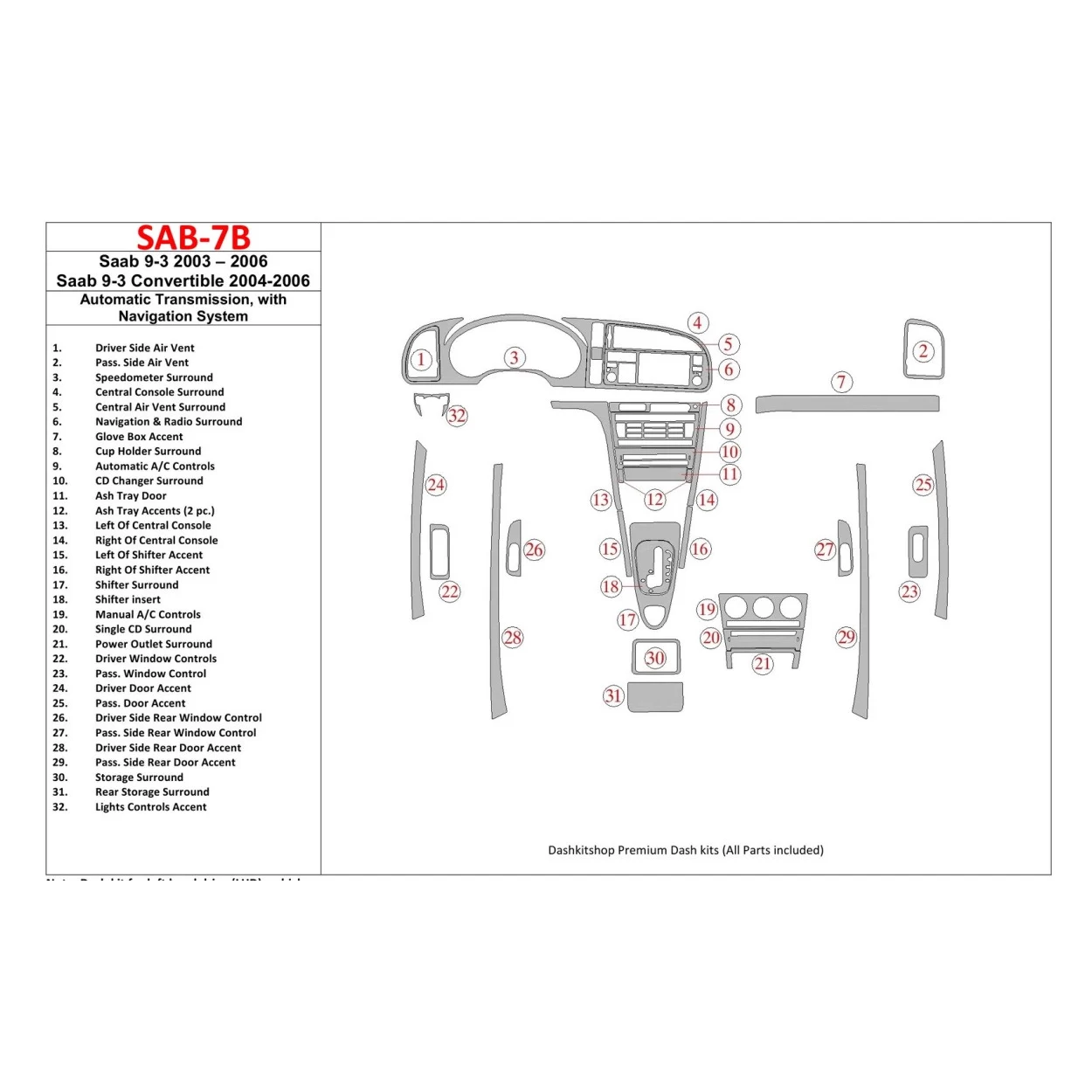 Saab 9-3 2003-2006 Automatic Gear, With NAVI system Interior BD Dash Trim Kit