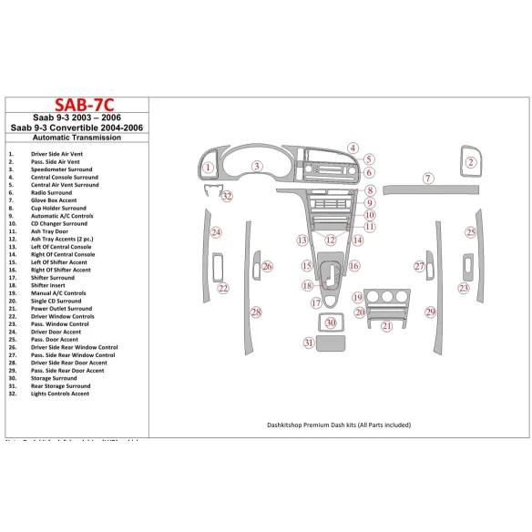 Saab 9-3 2003-2006 Automatic Gear, Without Infotainment Center Interior BD Dash Trim Kit