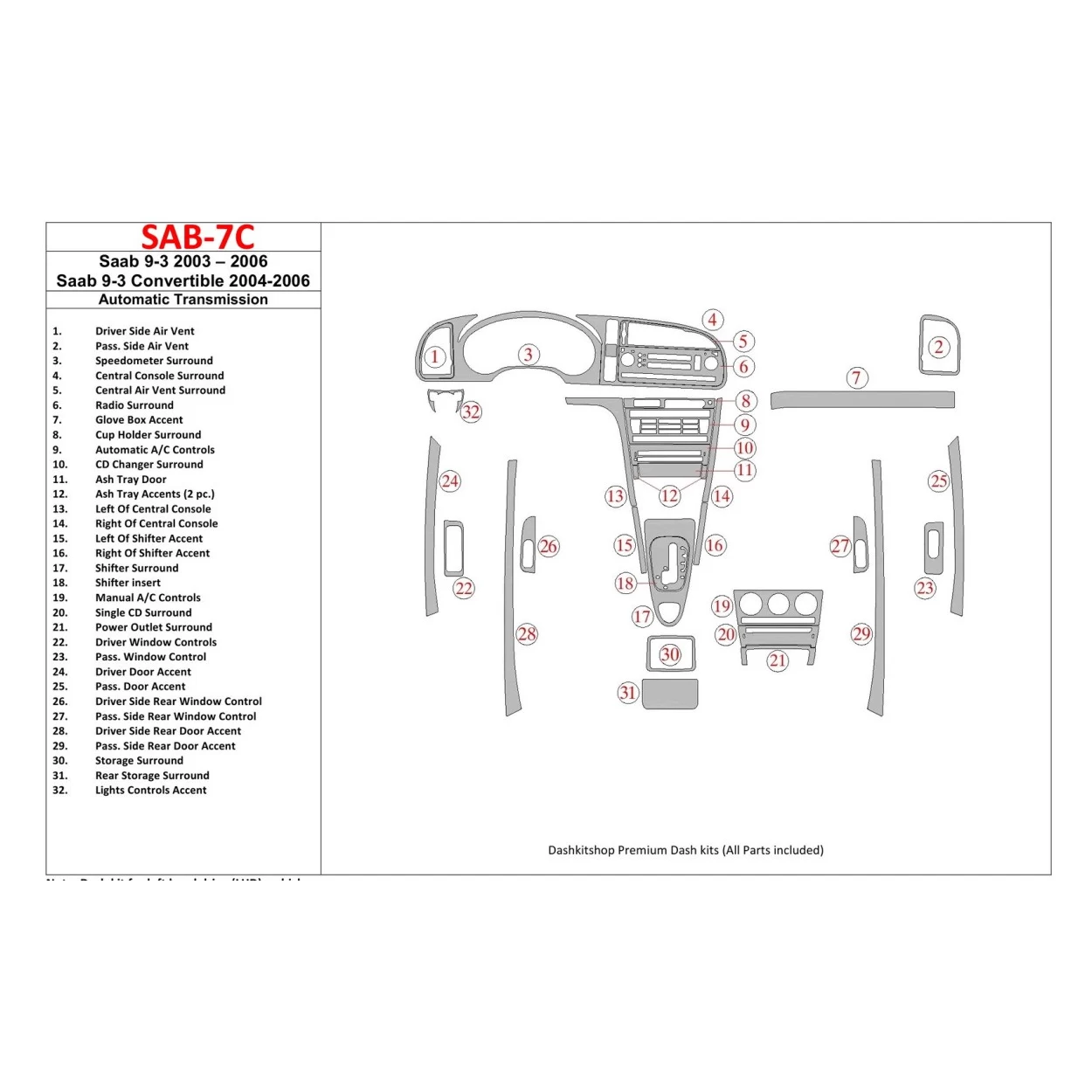 Saab 9-3 2003-2006 Automatic Gear, Without Infotainment Center Interior BD Dash Trim Kit