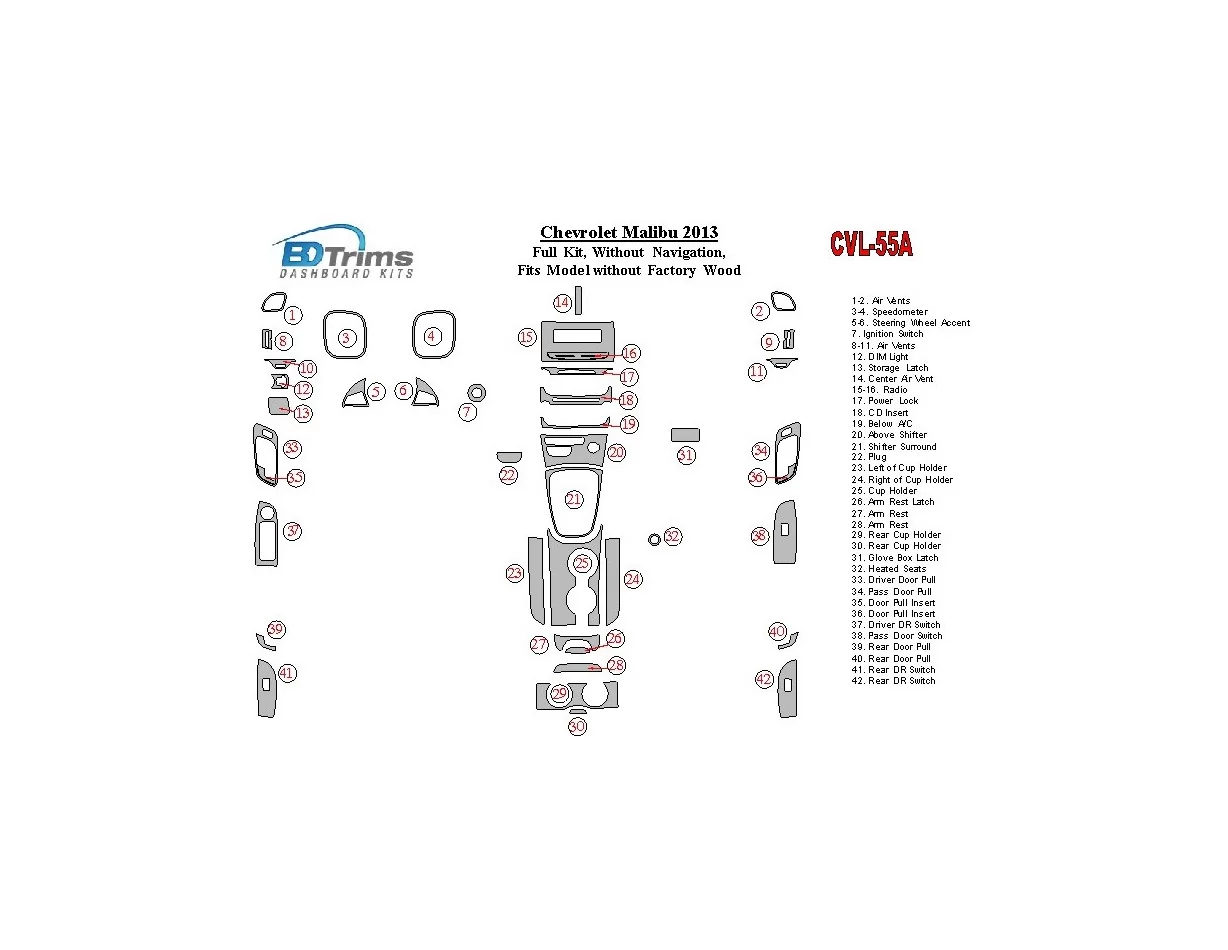 Chevrolet Malibu 2013-2013 Full Set, Without NAVI,fits compl Without Fabric wood Interior BD Dash Trim Kit - 1 - Interior Dash T