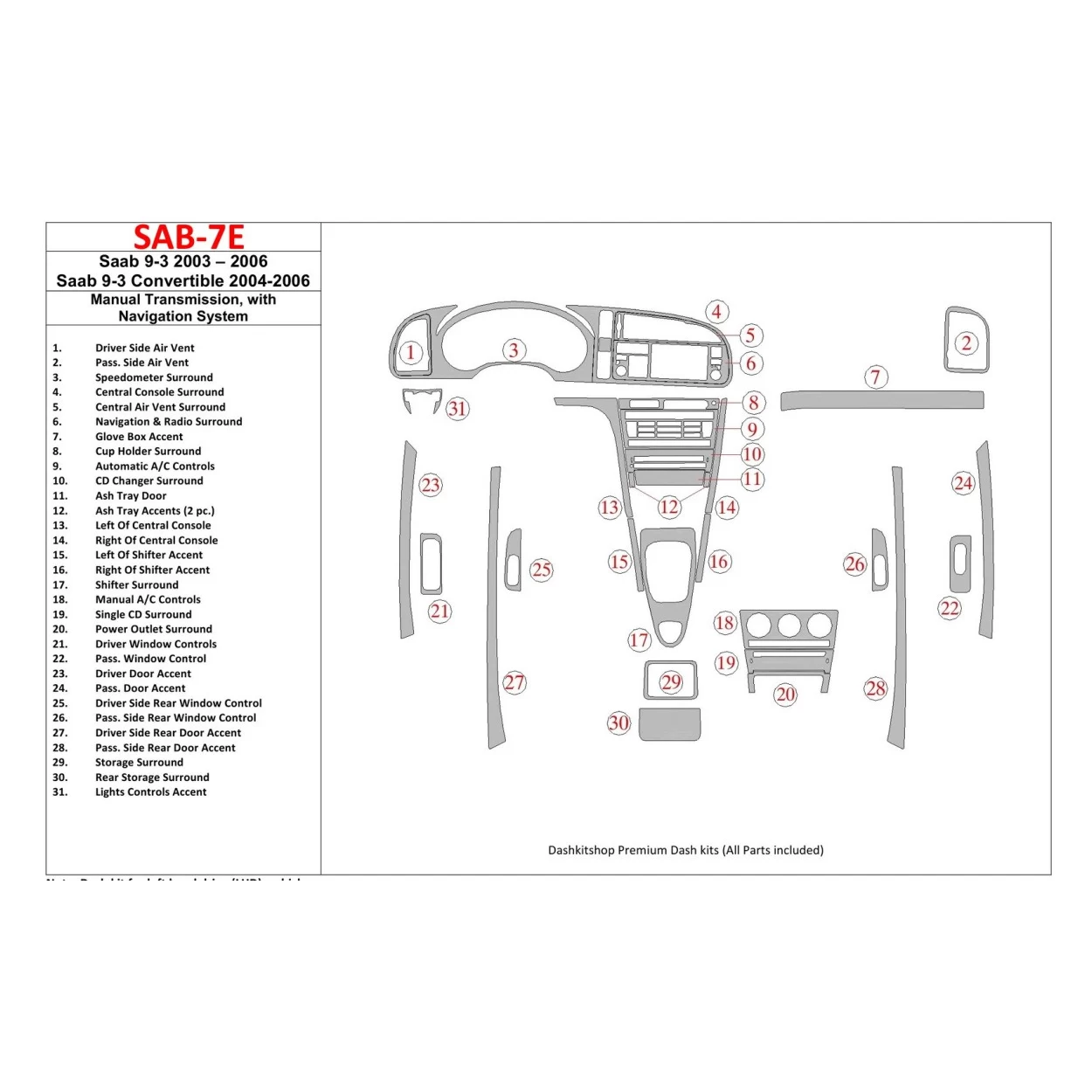 Saab 9-3 2003-2006 Manual Gear Box, With NAVI Interior BD Dash Trim Kit