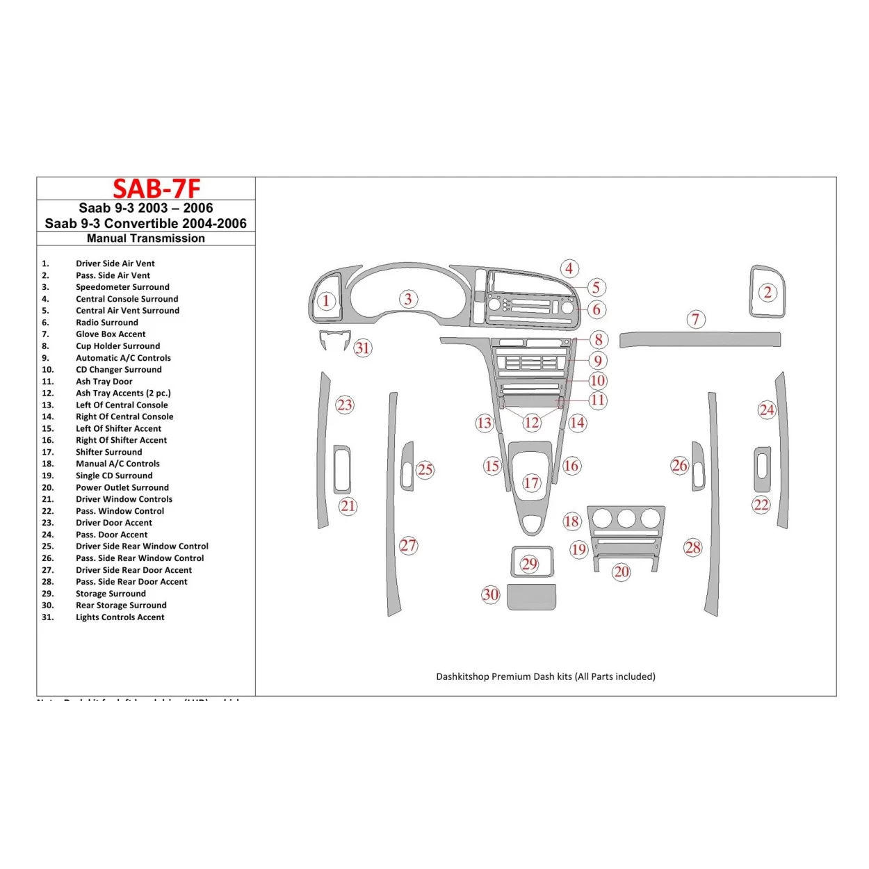 Saab 9-3 2003-2006 Manual Gear Box, Without Infotainment Center Interior BD Dash Trim Kit