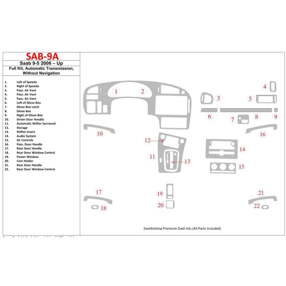 Saab 9-5 2006-UP Full Set, Automatic Gear, Without NAVI Interior BD Dash Trim Kit