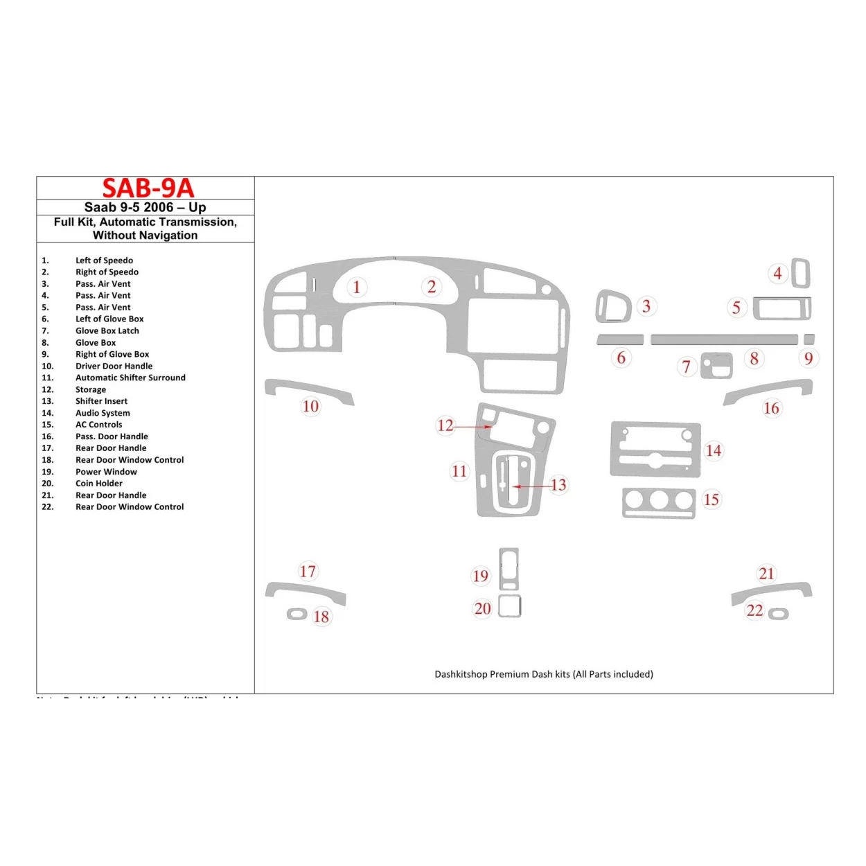 Saab 9-5 2006-UP Full Set, Automatic Gear, Without NAVI Interior BD Dash Trim Kit