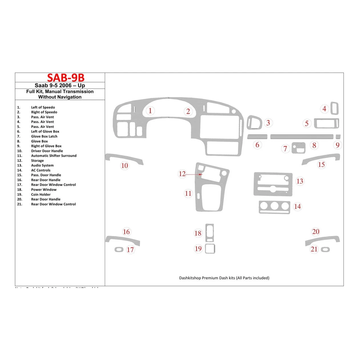 Saab 9-5 2006-UP Full Set, Manual Gear Box, Without NAVI Interior BD Dash Trim Kit
