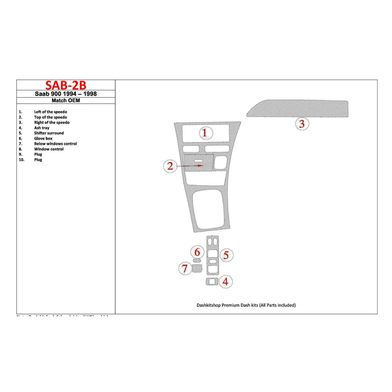 Saab 900 1994-1998 OEM Compliance, 7 Parts set Interior BD Dash Trim Kit