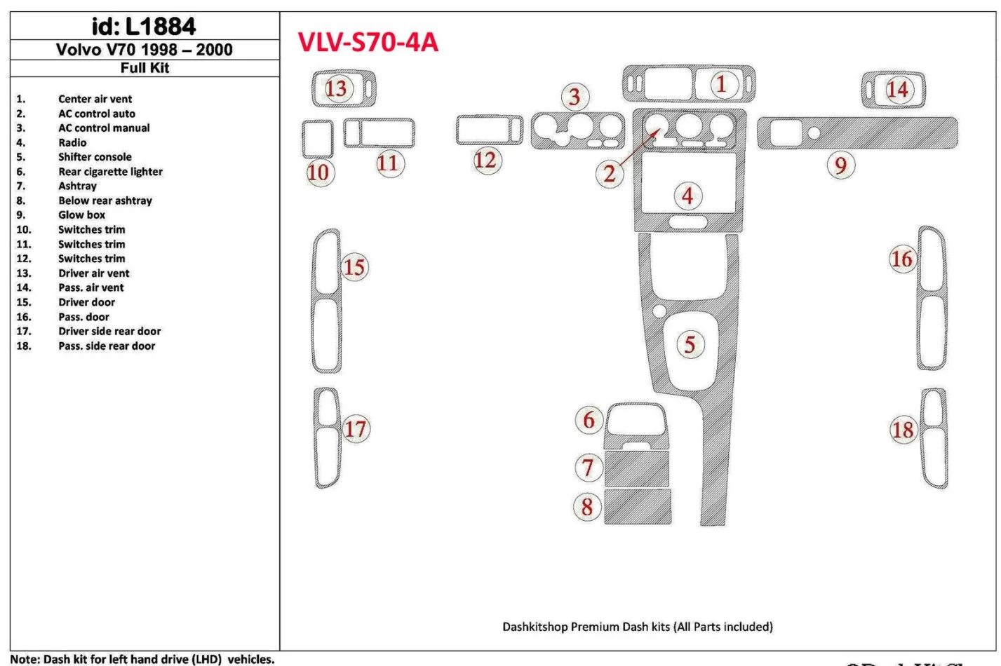 Volvo S70 1998-2000 Full Set, 18 Parts set Interior BD Dash Trim Kit - 1 - Interior Dash Trim Kit