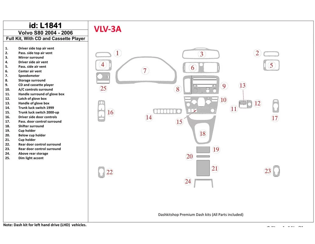 Volvo S80 2004-2006 Full Set, With CD and Compact Casette audio Interior BD Dash Trim Kit - 1 - Interior Dash Trim Kit