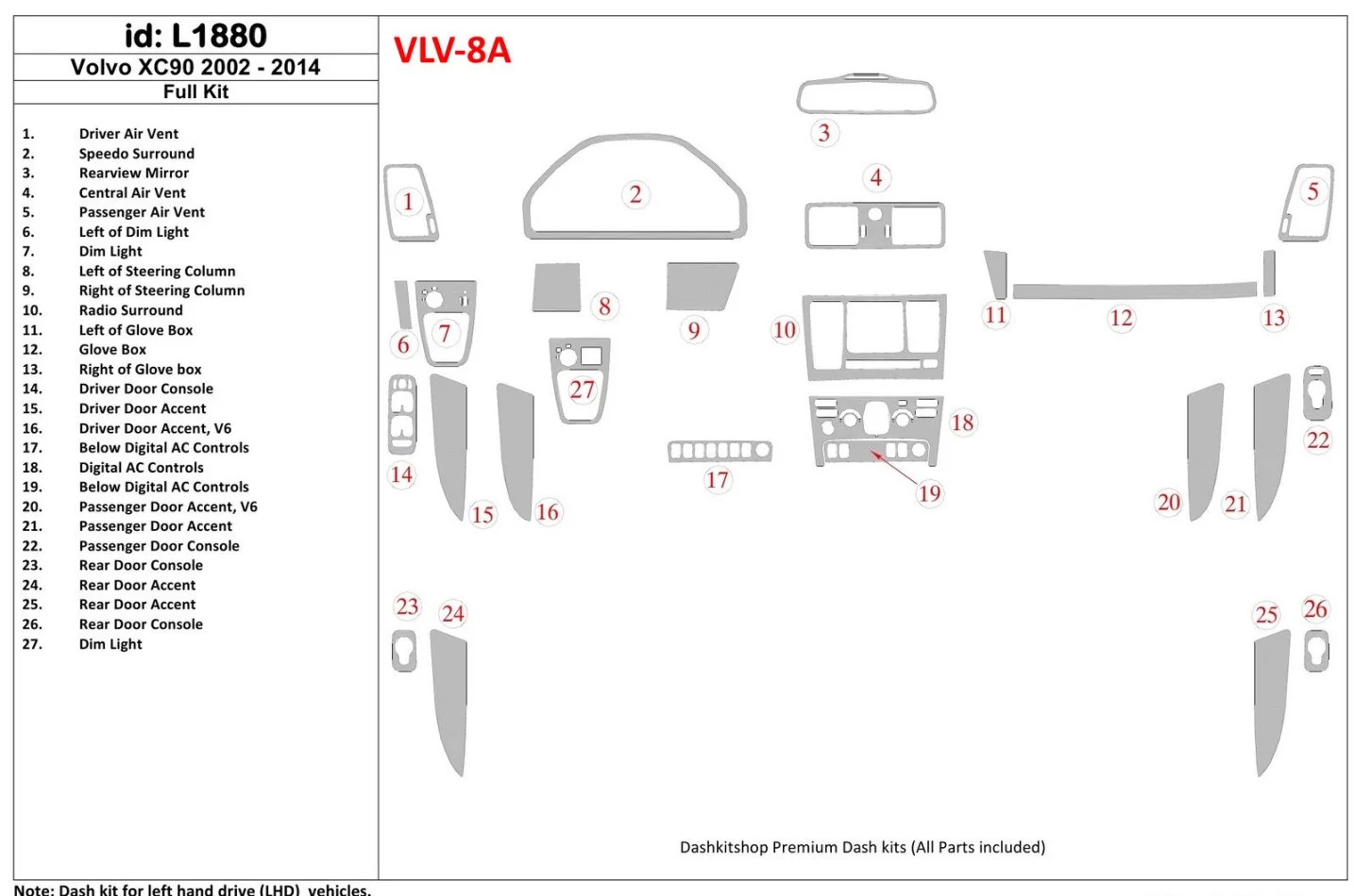 Volvo XC90 2003-UP Full Set Interior BD Dash Trim Kit - 1 - Interior Dash Trim Kit