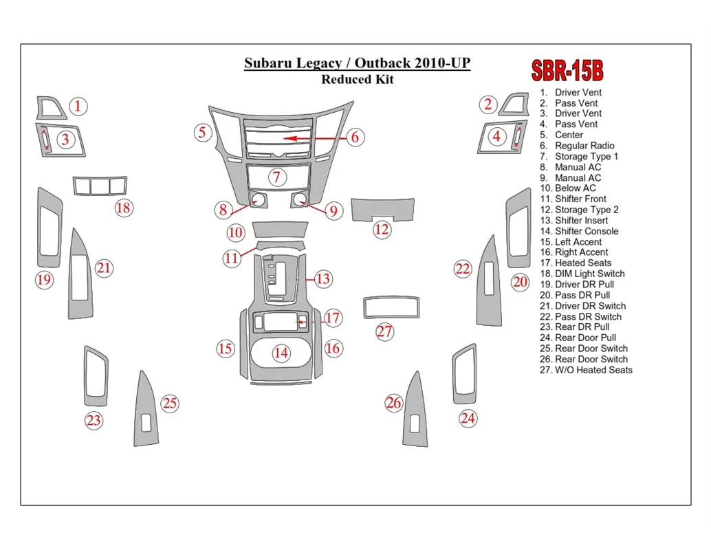 Subaru Legacy 2010-2014 3D Interior Dashboard Trim Kit Dash Trim Dekor 27-Parts - 1 - Interior Dash Trim Kit