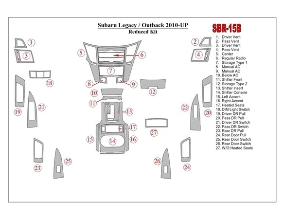 Subaru Legacy 2010-2014 3D Interior Dashboard Trim Kit Dash Trim Dekor 27-Parts - 1 - Interior Dash Trim Kit