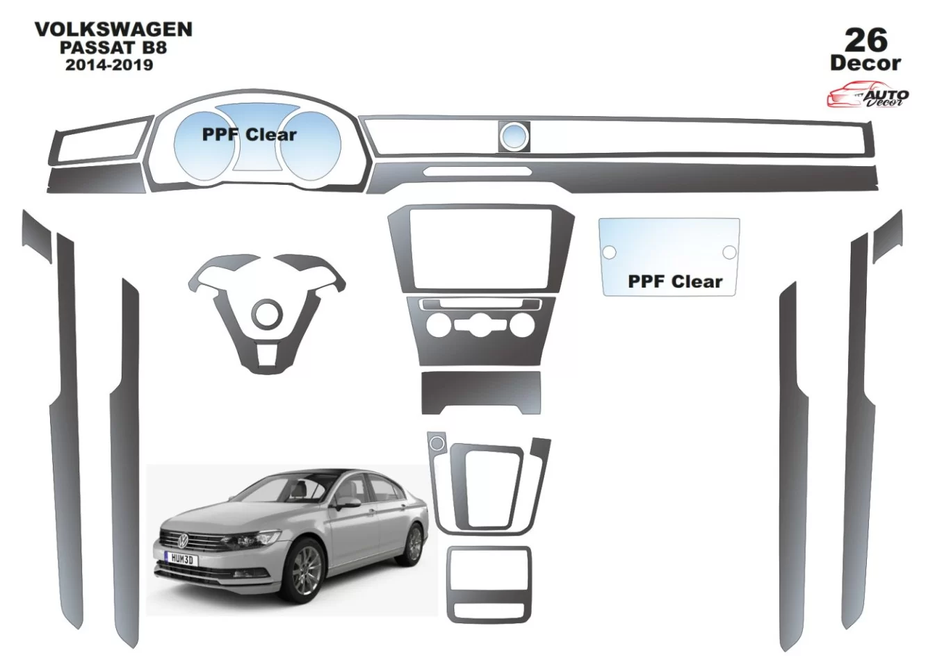 Volkswagen Passat B8 2015-2018 3D Interior Dashboard Trim Kit Dash Trim Dekor 26-Parts - 1 - Interior Dash Trim Kit
