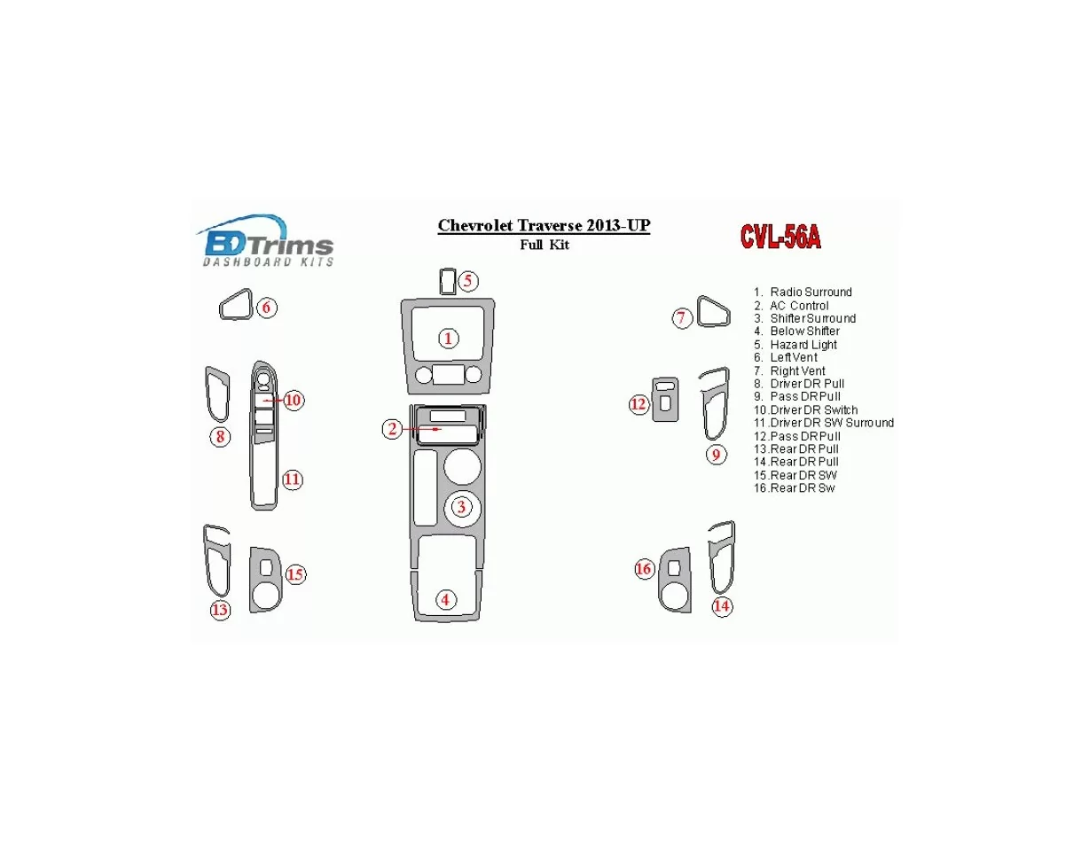 Chevrolet Traverse 2013-UP Full Set Interior BD Dash Trim Kit - 1 - Interior Dash Trim Kit