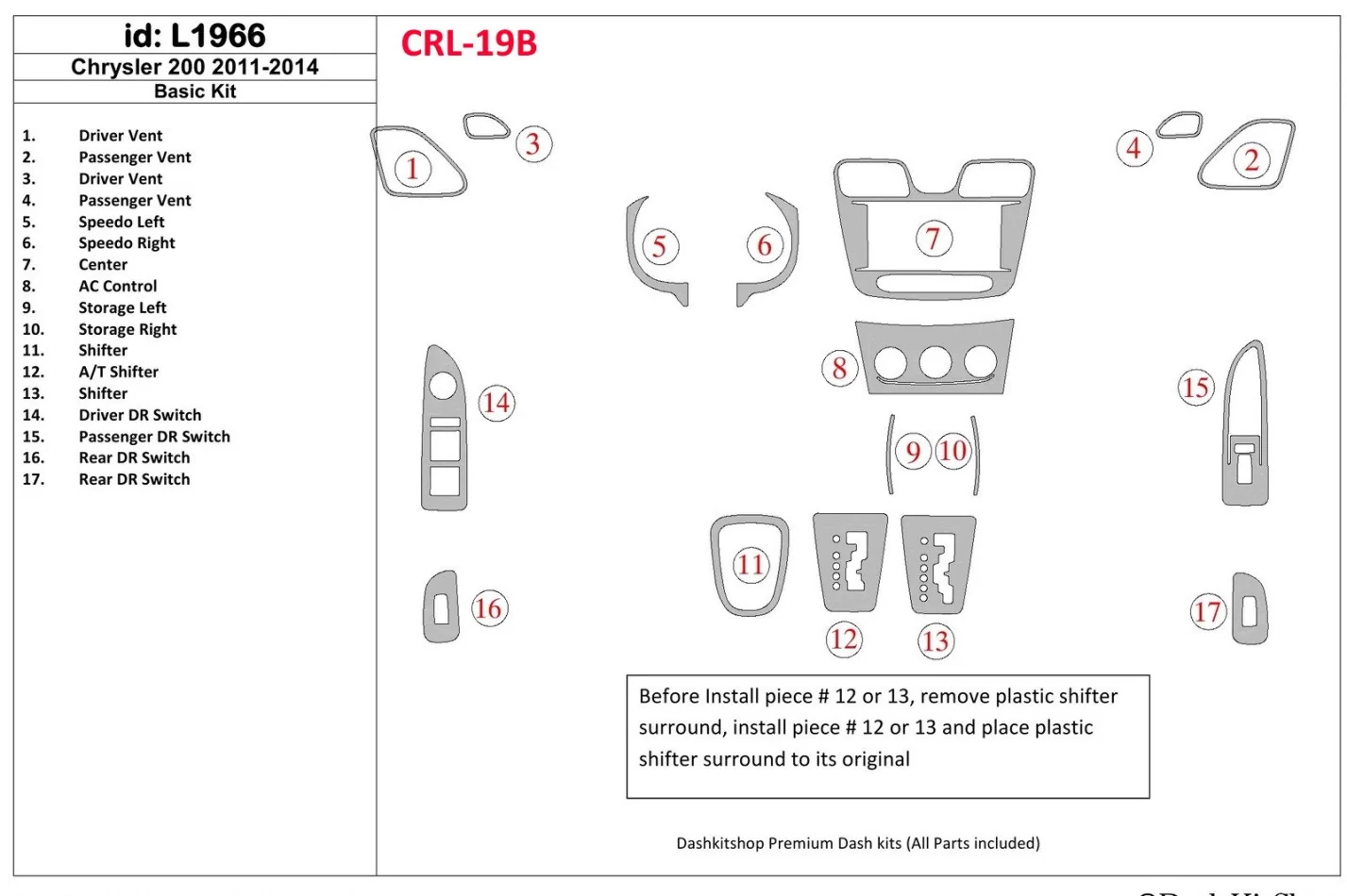Chrysler 200 2011-UP Basic Set Interior BD Dash Trim Kit - 1 - Interior Dash Trim Kit