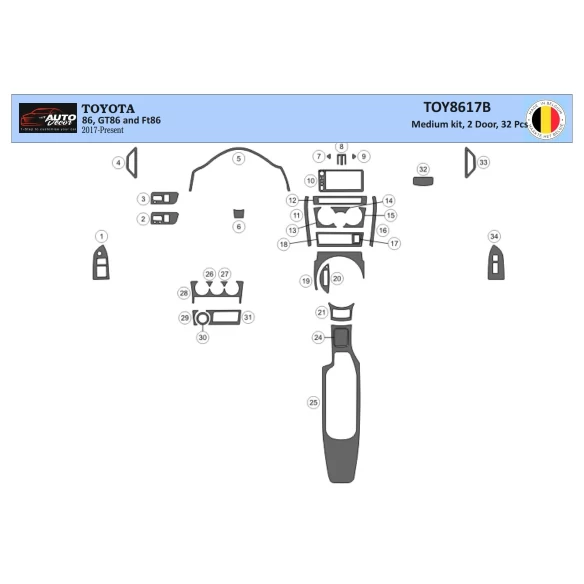 Toyota 86 2017-2021 3D Interior Dashboard Trim Kit Dash Trim Dekor 32-Parts