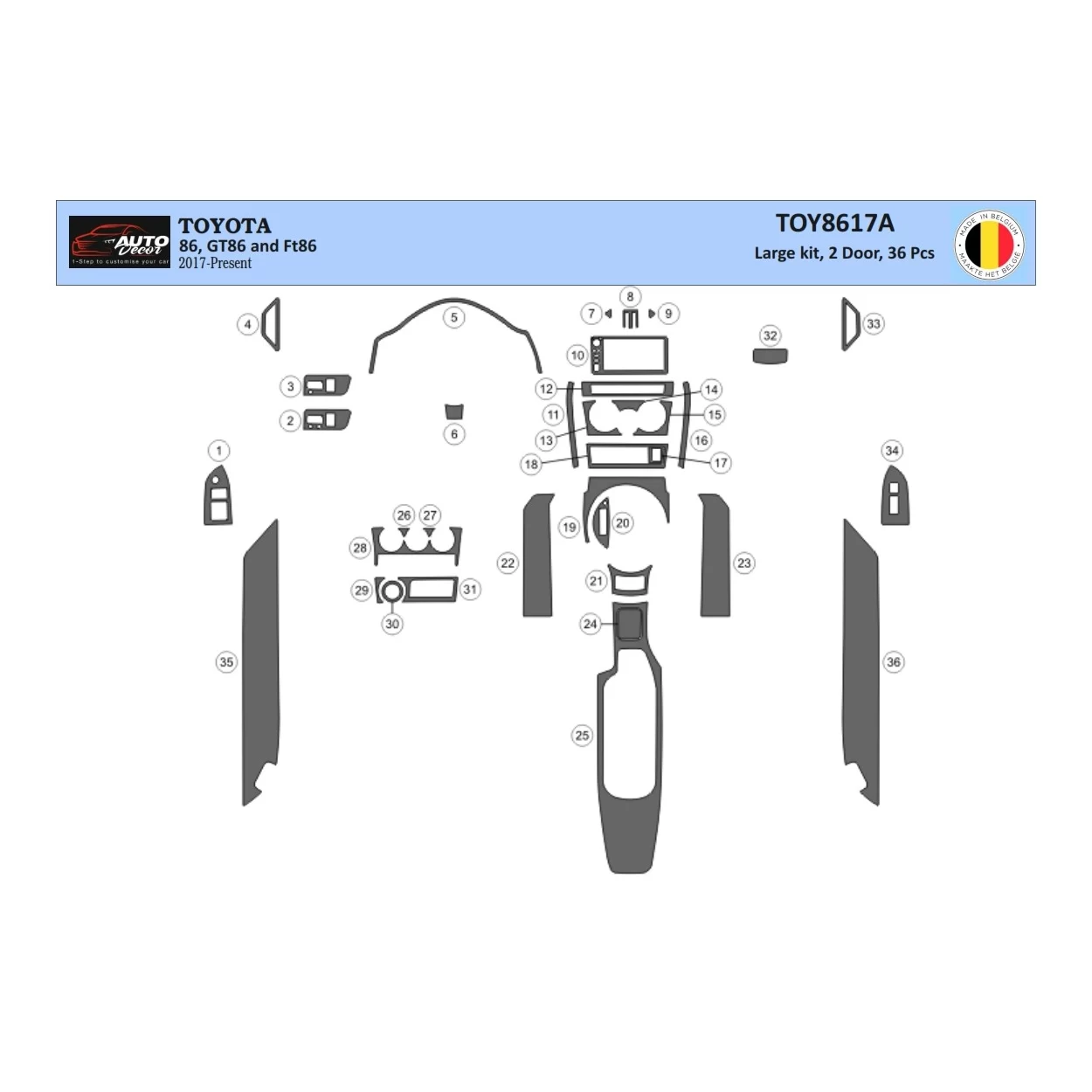 Toyota 86 2017-2021 3D Interior Dashboard Trim Kit Dash Trim Dekor 36-Parts