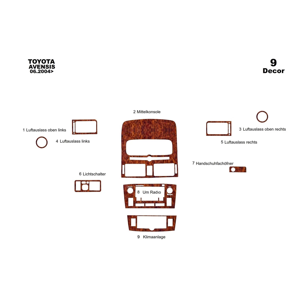 Toyota Avensis 10.97 -12.00 3D Interior Dashboard Trim Kit Dash Trim Dekor 9-Parts