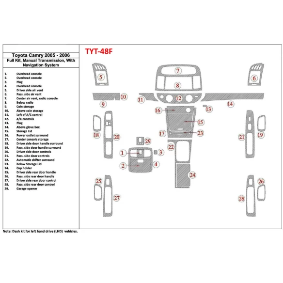 Toyota Camry 2005-2006 Full Set, Manual Gear Box, With NAVI system, Without OEM Interior BD Dash Trim Kit