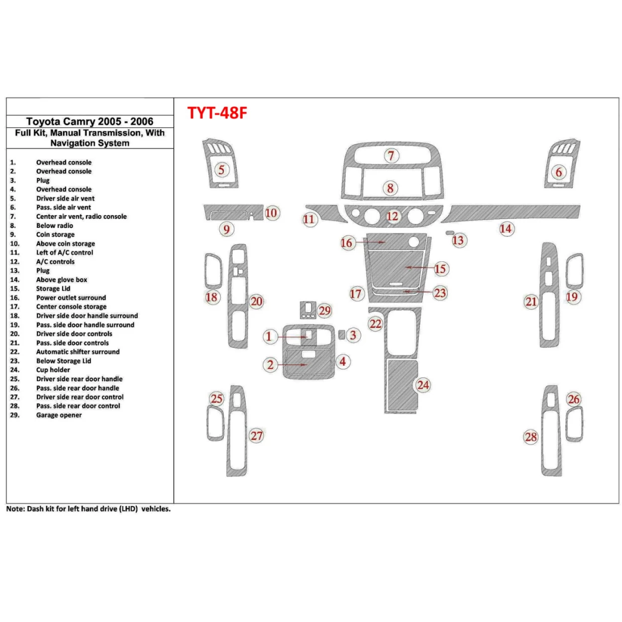 Toyota Camry 2005-2006 Full Set, Manual Gear Box, With NAVI system, Without OEM Interior BD Dash Trim Kit