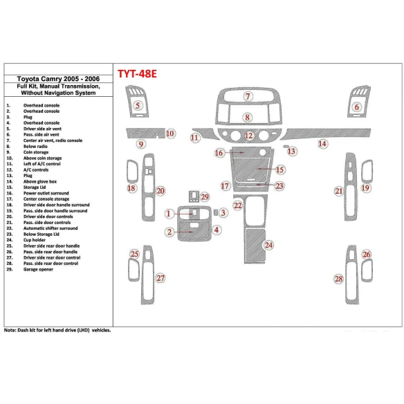 Toyota Camry 2005-2006 Full Set, Manual Gear Box, Without NAVI system, Without OEM Interior BD Dash Trim Kit
