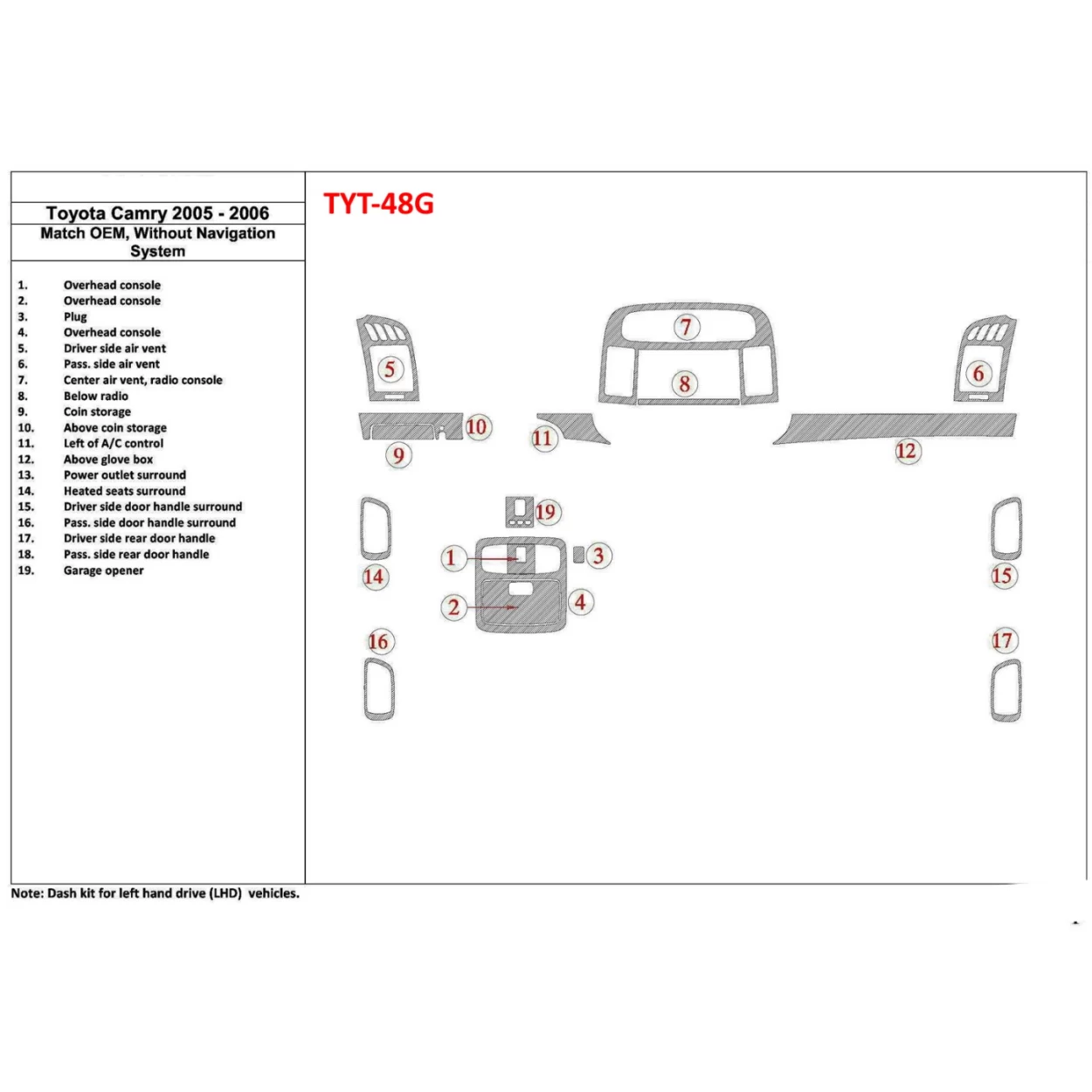 Toyota Camry 2005-2006 OEM Compliance, Without NAVI system Interior BD Dash Trim Kit